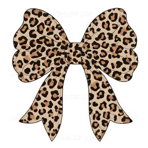 May include: A large, decorative bow with a leopard print pattern. The bow features a tan background with dark brown spots, and is set against a white background. The bow is a stylish accessory.