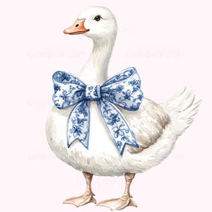 Pato con lazo chinoiserie, ganso, lazo azul, ganso, pato coqueto, lazo chinoiserie, lindo, sublimación, pato divertido, patito azul, PNG