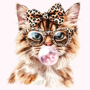 Chat rose soufflant du chewing-gum Png imprimé léopard noeud Png chat duveteux Png amoureux des chats Png chaton avec des lunettes Png chat impertinent Png chaton mignon