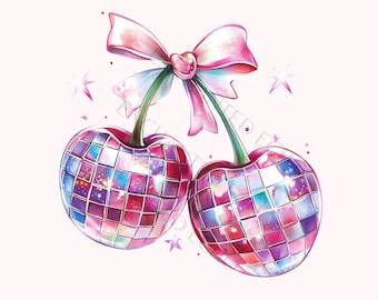 Cerejas Disco Ball Coquette PNG - Clipart de Cereja Disco Ball com Laço Rosa Brilhante e Glitter