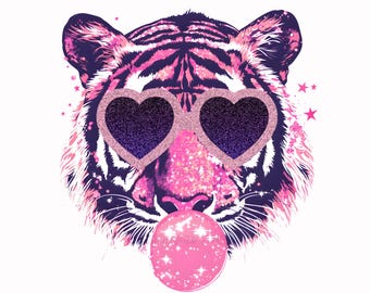 May include: A digital illustration of a tiger's face with heart-shaped sunglasses and a bubblegum bubble. The tiger is depicted in shades of pink and purple, with glitter accents and stars.