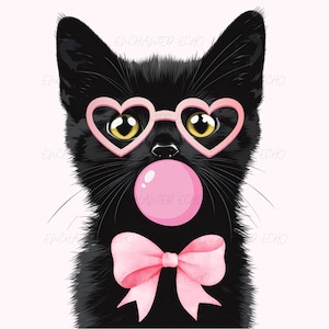 Bulle de chat noir Png Chat drôle meme Png Kitty noir Png Amoureux des chats Png Bubble Gum Png Chaton avec des lunettes de soleil Png Noeud rose Png Bubble Gum Png