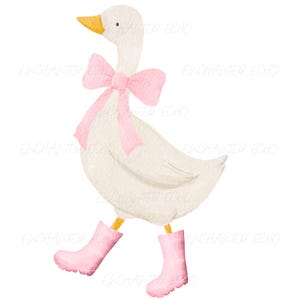 Peut inclure: Illustration à l'aquarelle d'une oie blanche avec un bec et des pattes jaunes, portant un nœud rose et des bottes de pluie roses. L'oie marche, avec un design fantaisiste et charmant.