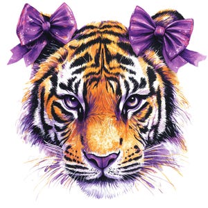 May include: A watercolour illustration of a tiger's face, featuring orange, black, and purple fur. The tiger has purple eyes and is decorated with two large purple bows. The image is set against a white background.