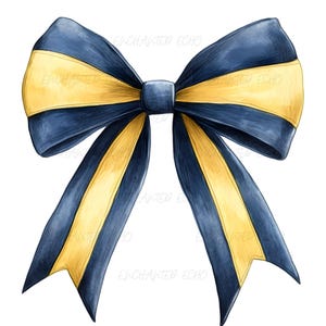 May include: A blue and yellow striped bow with a center loop. The bow is made of satin ribbon and is tied in a classic bow shape.