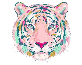 Brushstroke Pink Purple Tiger PNG - Watercolor Glitter Tigers Mascot Sublimation, Wild Cats Clipart