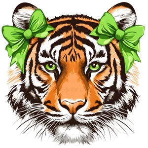 Green Tiger Png Tigers Png Vintage Tiger Png Cute Tiger Mascot Spirit Shirt Sublimation - Green Bows Tiger Png Tiger Head Clipart Green Bows