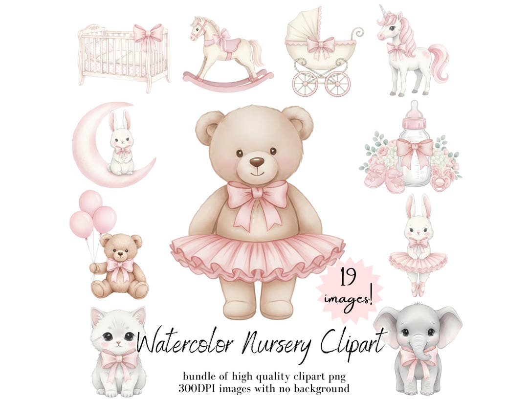 Pink Bow Nursery Clipart Bundle - 19 Watercolor Boho Baby Girl Pastel ...