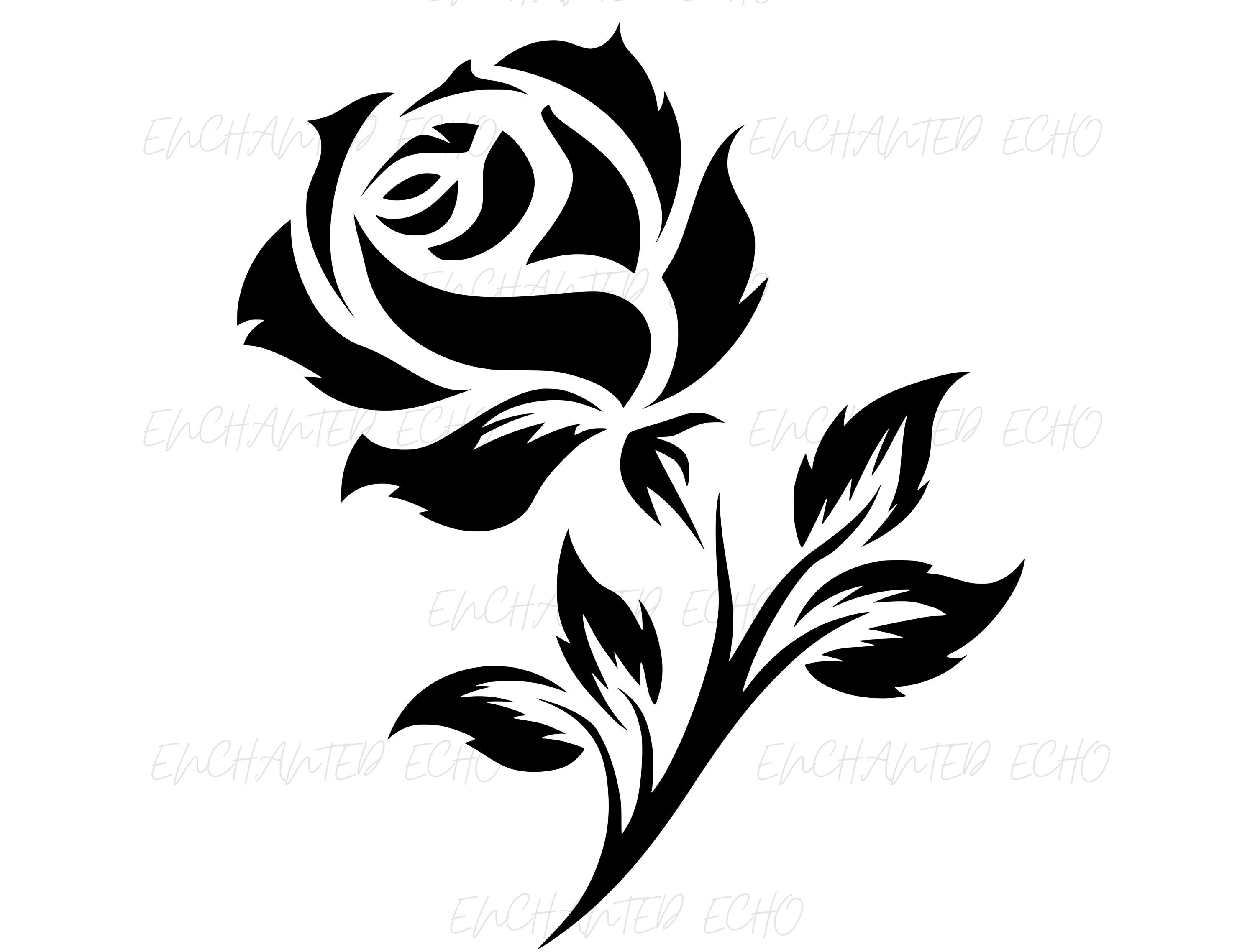 Rose Silhouette SVG + PNG Set Rose Tattoo Png Svg - Rose Flower Png - Rose Cut File Design - Rose Tattoo Svg - Rose With Leaves Png