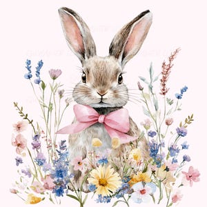 Wildblumen Osterhase Cottagecore Png - Frühling Wildblumen Osterhase Png Kokette Rosa Schleife Kaninchen Png Niedliches Häschen Sublimation Rosa Schleife