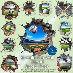 3D-sportgat in een muur-clipartbundel - bevat 16 png-bestanden van hoge kwaliteit sportafbeeldingen - basketbal, voetbal, tennis, commercieel gebruik toegestaan