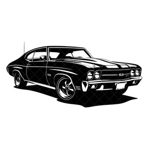 May include: Black and white silhouette of a classic American muscle car. The car has a long hood, a large grille, and a prominent rear end. The car is a Chevrolet Chevelle SS.