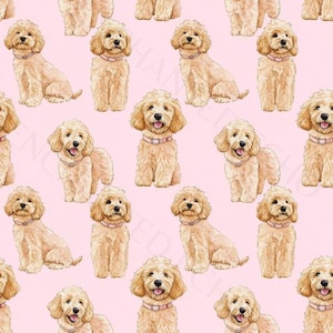 Modello Goldendoodle senza cuciture PNG - Modello Goldendoodle carino senza cuciture - Cuccioli di Golden Doodle su motivo ripetuto rosa senza cuciture
