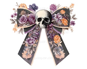 Dödskalle Blommig Rosett PNG - Spöklik Halloween Vildblomma Ribbon Clipart, Lila Orange Gotisk Sublimering (Digital Nedladdning)