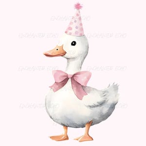 Puede incluir: Ilustración en acuarela de un pato blanco con un gorro de fiesta rosa con lunares y una pajarita rosa. El pato tiene pico y patas naranjas, sobre un fondo rosa claro.