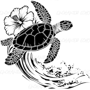 May include: A black and white silhouette illustration of a sea turtle swimming above a wave, with a hibiscus flower. The design is suitable for coastal or tropical themes. The image is a silhouette.
