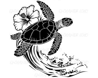ウミガメのハイビスカスウェーブ SVG + PNG セット - ハワイアン