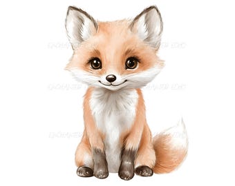 水彩画の赤ちゃんキツネのクリップアート – 森の動物の赤ちゃん保育園 PNG (デジタルダウンロード)