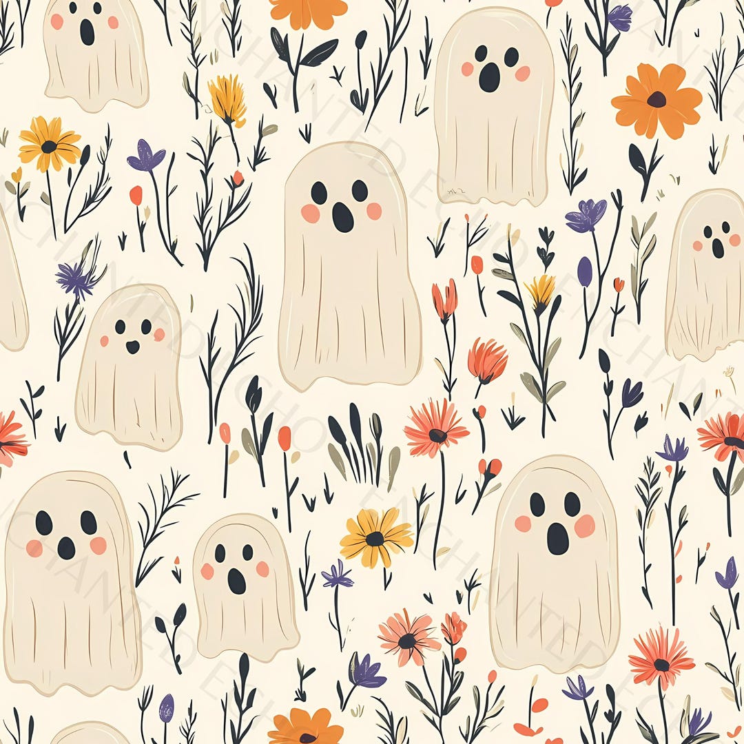 Seamless Halloween Wildflower Pattern - Cute Ghost Floral Seamless ...