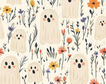 Halloween Ghost Wildflower Seamless Pattern – Spooky Boho Floral Repeating DIgital Paper (Digital Download)
