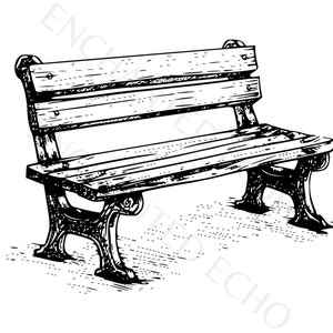 Puede incluir: Un dibujo en blanco y negro de un banco de parque de madera con un asiento y respaldo de listones.