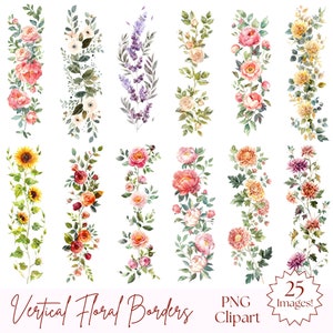 Bordures florales verticales PNG - Clipart cadre aquarelle - 25 images de fleurs - bordure de fleurs PNG, Clipart cadre floral, bordures d'Invitation