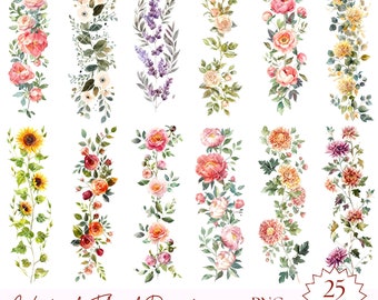 Akvarell blomkant PNG-paket – Vertikala blomramar Clipart (digital nedladdning)