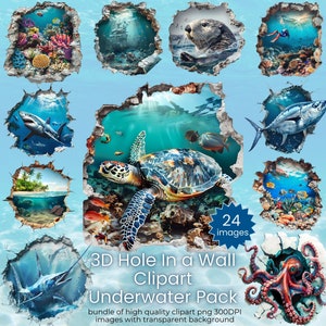 Onderwater 3D-gat in een muur clipartbundel - 24 png-bestanden van hoge kwaliteit - onderzeese natuurscène png, oceaanvis clipart, commercieel gebruik