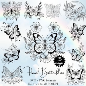 Floral papillons SVG & PNG Pack de 26 - 52 fichiers au total - Floral papillon Svg - papillon fleur Png, Silhouette de papillon, usage Commercial