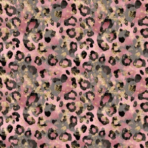 Könnte beinhalten: Rosa Leopardenmuster mit schwarzen, grauen und goldenen Akzenten. Das Design weist unregelmäßige Flecken und Farbspritzer auf, wodurch ein strukturiertes und künstlerisches Aussehen entsteht. Geeignet für Stoffe, Tapeten oder andere dekorative Anwendungen.