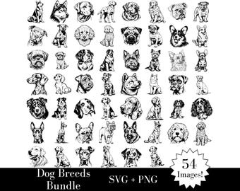 Pacchetto SVG e PNG di razze di cani: 54 grafiche clipart di facce di cuccioli seduti su un cane
