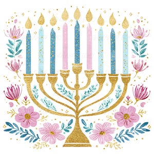 May include: A gold glitter menorah with nine candles, alternating blue and pink, with gold glitter flames. The menorah is decorated with pink flowers and blue leaves on a white background.