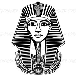 May include: A monochrome illustration of a pharaoh's bust, with a detailed headdress and collar. The artwork depicts the pharaoh's face with defined features and a calm expression. The image is a graphic representation of ancient Egyptian royalty.