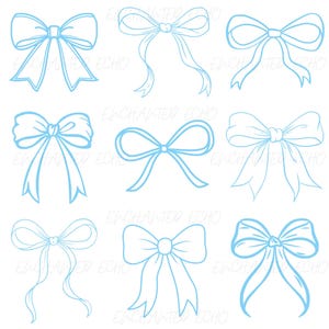 May include: Nine light blue bow illustrations on a white background. The bows vary in style, with some having long ribbons and others being more compact. The image has the text "ENCHANTED ECHO" in the lower right corner.