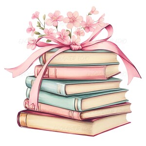 Watercolor Bookstack Png - Cherry Blossom Png - Cottagecore Books Png - Pink Bow Books Clipart - Libri Png - Biblioteca Clipart - Book Lover