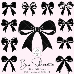 Pretty Bow Silhouette SVG e PNG Bundle - 25 immagini - 50 file totali - Delicato fiocco femminile Clipart - Contorno fiocco - Coquette Bow Svgs
