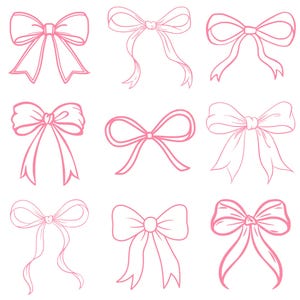 May include: Nine illustrations of pink bows on a white background. The bows have varying designs, with different ribbon styles and knot details. The outlines create the bow shapes, giving them a delicate look. The bows are suitable for craft or design projects.