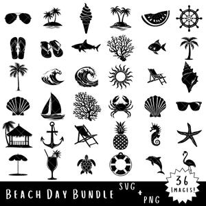 Ensemble plage SVG & PNG - 36 images de plage tropicale, 72 fichiers au total - palmier Svg, chaise de plage Svg, dauphins, vie à la plage Svg, Svg été