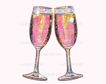 Copas de champán con purpurina (Png) - Clipart de celebración disco coqueta, sublimación de champán rosa brillante (descarga digital)