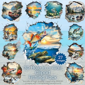 Paquete de imágenes prediseñadas de pesca y aire libre con agujero 3D en una pared - Incluye 16 PNG de alta calidad - Gráficos de escenas de peces de océano y río - Uso comercial