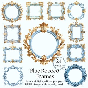 Blaue Rokoko Rahmen Clipart - 24 PNGs Antike Vintage Rahmen - Bilderrahmen Clipart - Barocken viktorianischen Goldrahmen Sofortiger Download