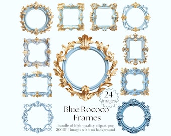 Vintage Blue Rococo Picture Frame Clipart Bundle – Antique Gold Baroque Borders PNG (Digital Download)