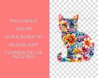 水彩画の野花猫 PNG - 花柄猫昇華、春の花子猫シャツクリップアート