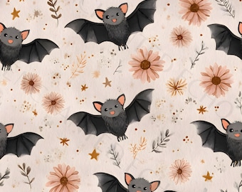 Könnte beinhalten: Ein sich wiederholendes Muster mit Cartoon-Fledermäusen mit ausgebreiteten Flügeln, lächelnden Gesichtern und rosa Ohren. Die Fledermäuse sind mit pfirsichfarbenen Blumen, goldenen Sternen und Blättern auf cremefarbenem Hintergrund durchsetzt.