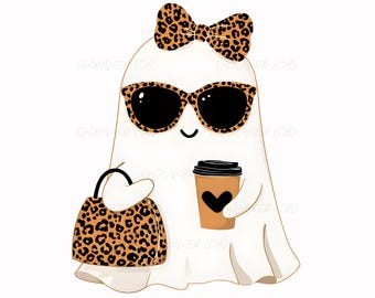 Leopard Print Boujee Ghost PNG – Coffee & Handbag Sublimation, Boojee Halloween Clipart