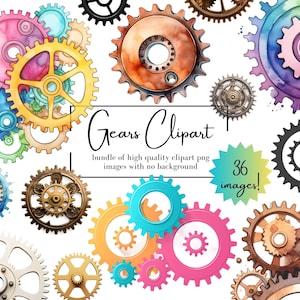 May include: A set of 36 watercolor and metallic clipart images of gears. The gears are in various colors, including blue, green, yellow, orange, red, and brown. The gears are all different sizes and shapes. The text "Gears Clipart" is written in black on a white background. The text "bundle of high quality clipart png images with no background" is written in black on a white background. The text "36 images!" is written in black on a yellow starburst.