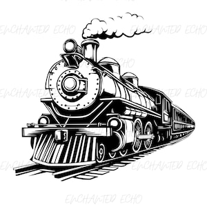 May include: A black and white illustration of a vintage steam locomotive train with smoke coming from the chimney. The train is on a track and is moving forward.