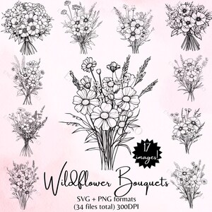 Pacote de buquê floral SVG e PNG - 17 imagens de buquê de flores, 34 arquivos no total - buquês de flores silvestres SVG, flores silvestres Svg, buquê fofo Svg