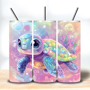Envoltura para vaso delgado con diseño de tortuga marina con purpurina de 20 oz, diseño de vaso de tortuga bebé PNG sin costuras, descarga digital de tortuga, envoltura de animal marino de acuarela