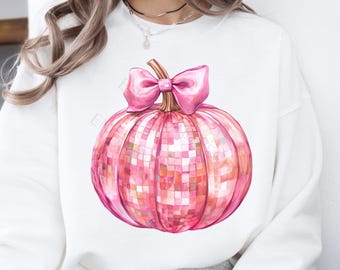 Pinkfarbener Discokugel-Kürbis (PNG) – Kokette Schleife für Halloween-Kürbisse (Sublimation)